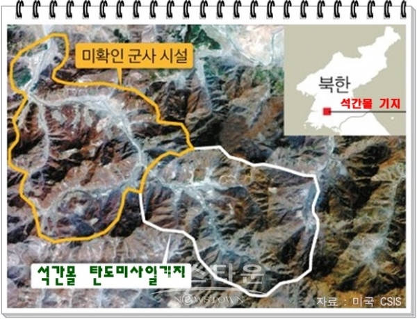 서울에서 북서쪽으로 135km밖에 떨어지지 않은 북한의 미신고 '석간몰 미사일 기지' 석간몰 미사일 기지는 단거리탄도미사일(SRBM) 2발을 발사했으며, 삭간몰은 현재 SRBM 기지로 운용되고 있지만, 태평양 해상의 미군 기지를 타격할 수 있는 준중거리탄도미사일(MRBM)도 수용할 수 있다”