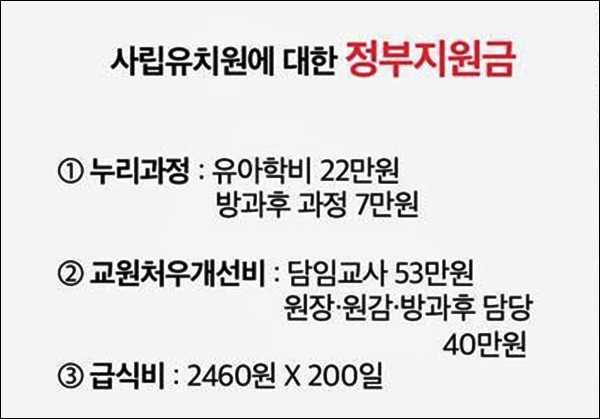사립유치원에 대한 정부지원금 현황(각시도교육청 마다 다르지만 누리과정지원금은 모두가 지급돼 이게 문제가 됐다. 교원처우개선비는 각 선생들 통장으로 들어가고 급식비는 지급안하는 시도교육청이 많다)