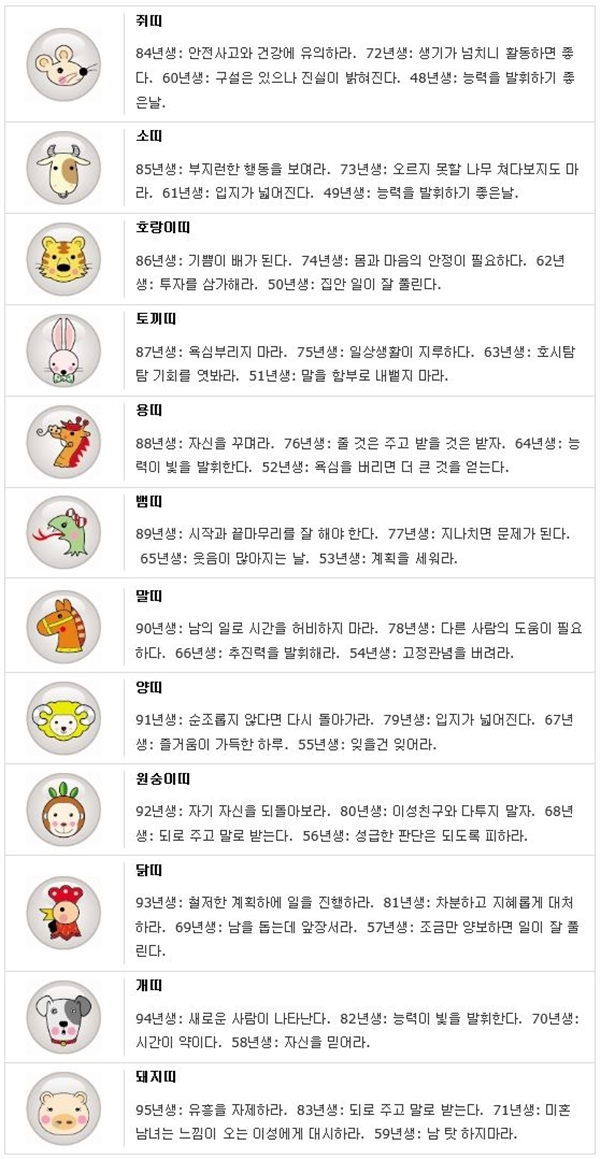 오늘의 띠별/생년월일 운세