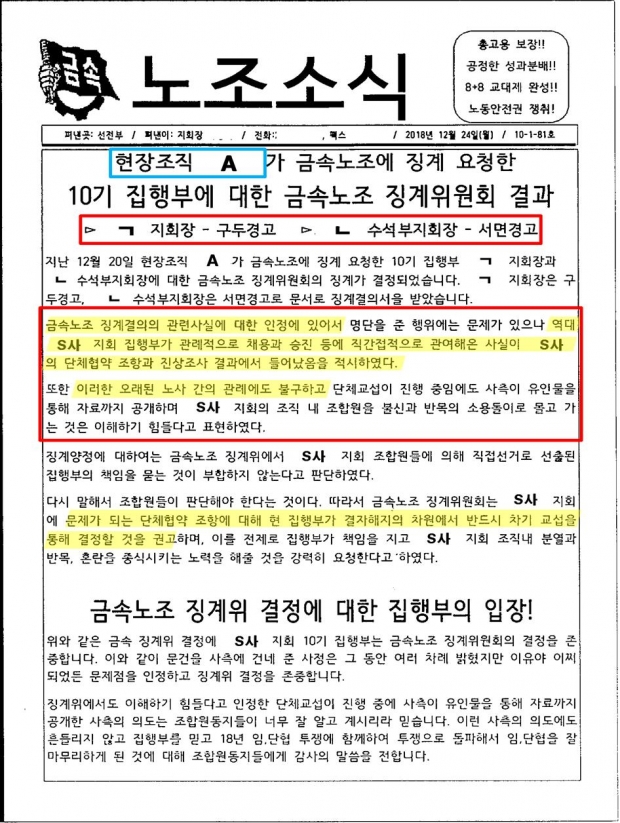 S사 노조소식지(2018.12.24.) ‘고용세습 블랙리스트를 작성한 S사 노조 간부에 대한 금속노조의 징계위원회 결과’ .
