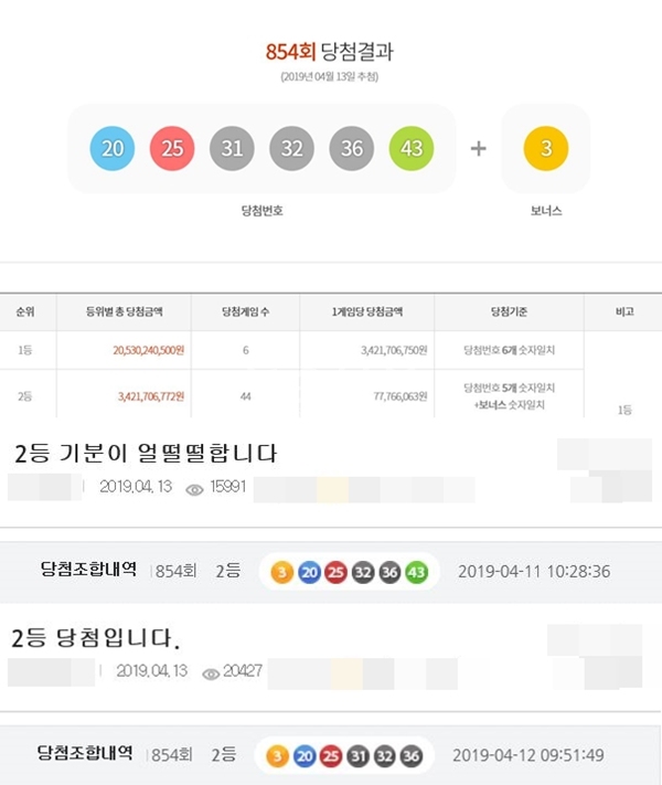 로또854회 당첨번호 (사진: 동행복권, 복권사이트)