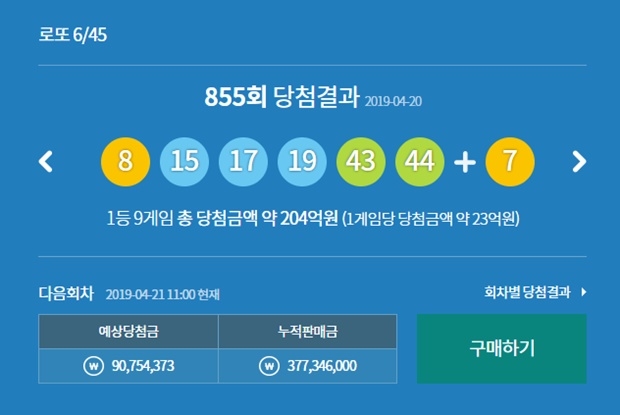 로또 855회 당첨번호 (사진: 동행복권)