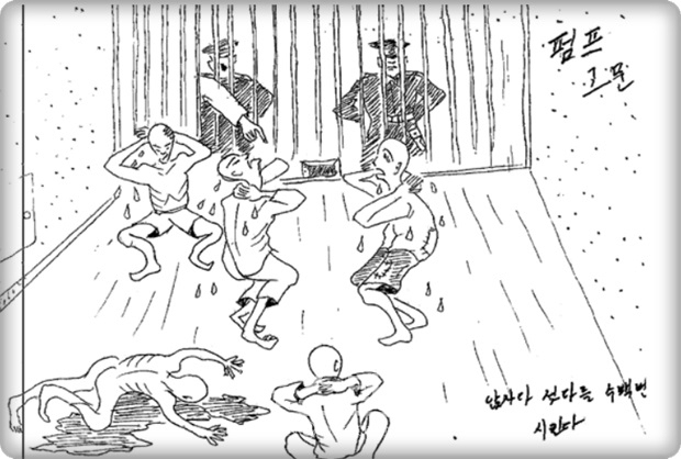 인터뷰에 응한 한 탈북자는 “당국의 지시를 그대로 따르기만 하면 굶어 죽었을 것”이라며 “살아남기 위해 뇌물을 바칠 수밖에 없었던 상황”을 전했다. / 이 그림은 탈북자가 북한의 열악한 인권 상황을 그려낸 것임.