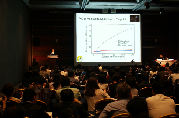 서울 코엑스에서 열린 세계심폐혈관마취학회 학술대회에서 열린 심포지엄에서 에를랑겐-뉘른베르크대학의 마취통증의학과 요르그 페히너(Joerg Fechner) 교수가 ‘New Challenges and Approaches for Total Intravenous Anesthesia in Cardiothoracic Surgery’를 주제로 발표를 하고 있다(사진 왼쪽).