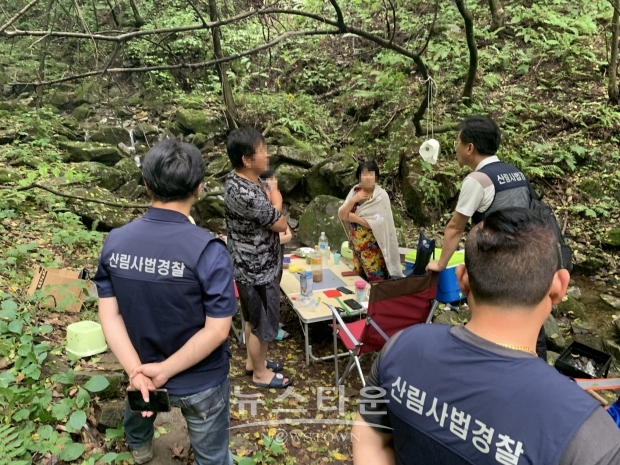 산림청 요원들이 계곡내 취사행위등을 단속하고 있다(사진-산림청)