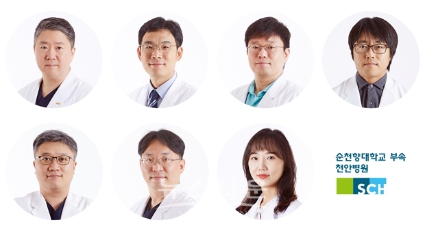 순천향대천안병원 교수 7명이 과학기술정보통신부·한국연구재단의 2019년도 하반기 ‘생애 첫 연구사업’에 선정됐다. 사진)왼쪽 윗줄부터 시계방향으로 권세원, 문형준, 박삼엘, 박상호, 황정아, 조인환, 오혁진 교수.