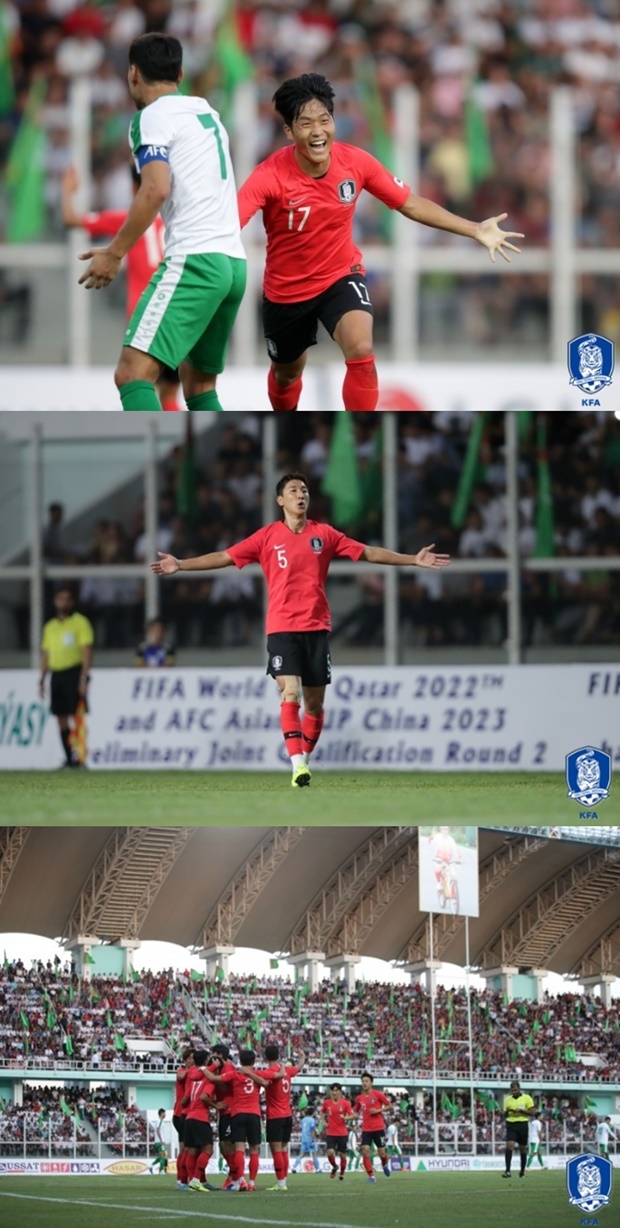 득점에 성공한 나상호(위), 정우영(중간)과 득점에 환호하는 대표팀 선수들 (사진: 대한축구협회 공식 홈페이지)