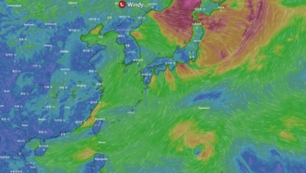 태풍 발전 가능성이 있는 열대저압부의 모습. 오른쪽 하단(사진 : 윈디닷컴)