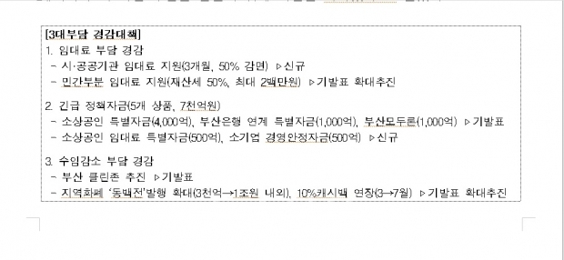 부산시는 코로나19 피해 소상공인·자영업자의 부담을 덜기 위한 「3대 부담」 경감대책 추진한다고 9일 발표했다
