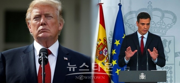 트럼프 대통령은 또 한국에서 이미 선도적으로 실시하고 있는 “차 탄 채 검사(드라이브 스루, Drive Thru)" 검사 방식을 도입할 뜻을 밝혔다. (사진 : 오른쪽이 페드로 산체스 스페인 총리/왼쪽 트럼프 대통령)