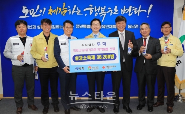 ㈜무학, 경남도에 코로나19 방역물품 ‘살균소독제’ 전달 [경상남도청 사진제공]