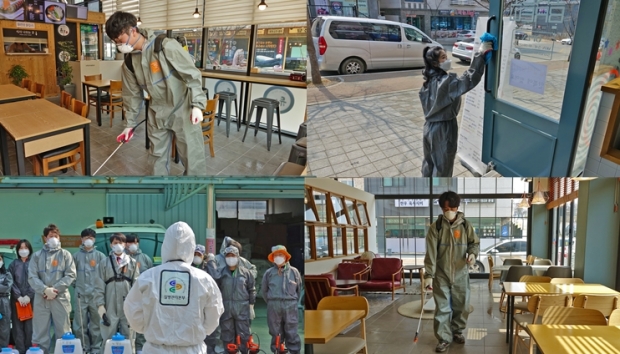 남양읍 소재 신경대학교 학생들과 주민들이 상가 지역을 소독하고 있는 모습
