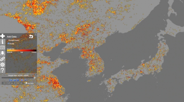 미국 국립해양대기청(NOAA)이 지난달 22일부터 28일 사이 위성사진을 토대로 분석한 한반도 주변 가뭄 지수(Drought index) 분포도. 가뭄의 정도에 따라 '중간'과 '높음', '심각' 수준을 뜻하는 노란색, 빨간색, 검붉은색 점이 북한 중부 지대에 집중적으로 나타난다.