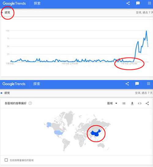지난 7일 동안 ‘탈당(退党)’이라는 키워드로 검색한 조회 수가 급증했으며, 주로 중국 대륙에서 조회한 것으로 나타났다. 구글 화면 캡처