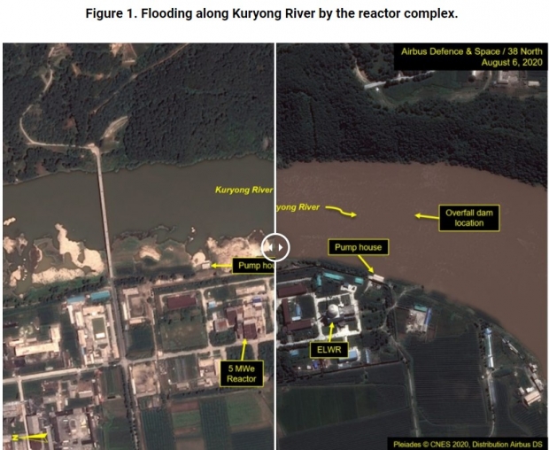 38노스는 영변의 5MW 원자로는 당분간 가동되지 않고 있는 것으로 보인다며, 실험용 경수로도 아직 가동되지 않고 있지만, 앞으로 비슷한 홍수가 발생하면 가동을 중단할 가능성이 높은 것으로 알려졌다.(사진 : 38 노스)