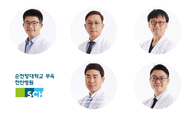 순천향대학교 부속 천안병원이 3월 29일 범부처전주기의료기기연구개발사업단이 지원하는 ‘감염병 방역기술 개발 사업’에서 스마트 음압 시스템 기반 이동형 모듈 선별진료소 방역기술 개발에 나선다. 사진) 좌측부터 개발에 참여하는 병원 의료진 유익동, 전섭, 최성준, 박정완, 정기진 교수