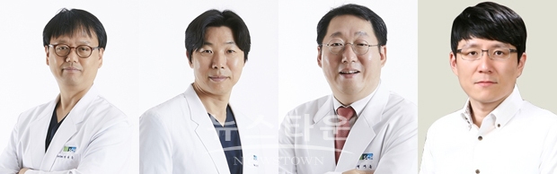 순천향대천안병원 이비인후과 최성준 교수팀이 만성중이염 환자의 고막천공을 수술 없이 치료하는 바이오 의료기기 개발에 착수했다. 사진)좌측부터 최성준, 이치규, 박계훈, 김학재 교수