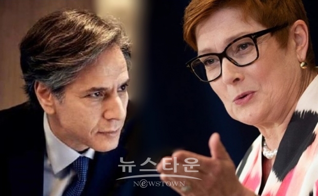호주는 미국과 중국 사이에서 ‘줄타기 외교’를 하지 않을 수 없는 상황이어서 호주의 고민이 깊어질 수밖에 없다. 군사와 안보 측면에서는 미국에, 경제와 무역에서는 중국에 의존하는 호주라서 주요 현안마다 ‘줄타기’ 외교를 하지 않을 수 없는 상황이다. 한국도 호주와 비슷한 처지에 놓여 있긴 하다.  위 사진 오른쪽이 마리스 페인 호주 외무장관/ 오른쪽 : 토니 블링컨 미국 국무장관