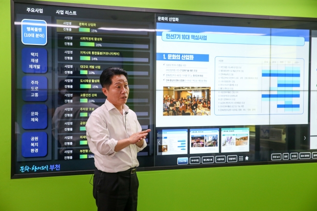 유튜브 리이브 부천사 부탁해를 통해 장덕천 부천시장이 주요사업을 설명하고 있다.