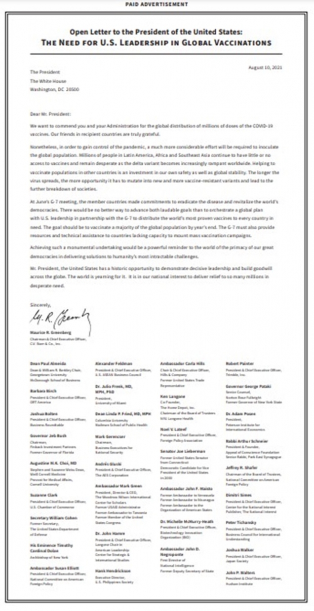 이 서한에 연명 서명을 한 초당파적 지도자 그룹은 CV 스타 앤 코(C. V. Starr & Co., Inc.) 회장 겸 CEO 모리스 R. 그린버그(Maurice R. Greenber)의 주도로 조직됐다. (사진 : WSJ캡처)