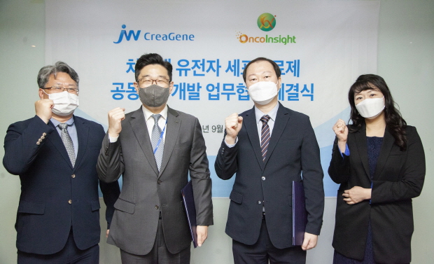 JW크레아젠이 24일 JW그룹 본사에서 온코인사이트와 ‘차세대 항암 면역 세포치료제 ‘CAR-M’ 공동연구’ 협약을 체결했다. (왼쪽부터) JW크레아젠의 이재삼 소장, 박찬희 대표, 온코인사이트의 나득채 대표, 이미연 부사장 등 관계자들이 기념촬영을 하고 있다.