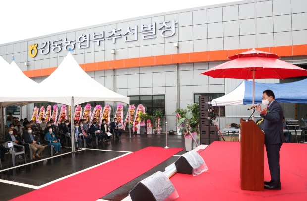 주낙영 경주시장이 강동농협 로컬푸드 직매장 및 부추 선별장 준공식에서 축사를 전하고 있다