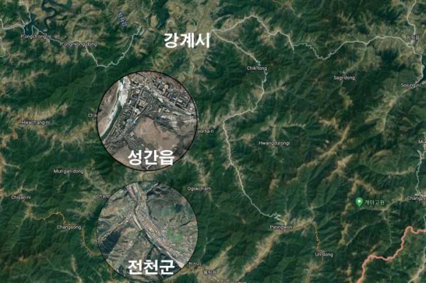 극초음속 무기 운용 부대가 배치된 전천군과 이동식 탄도미사일 운용 부대가 배치될 성간읍 모습. 구글어스-데일리NK 캡처