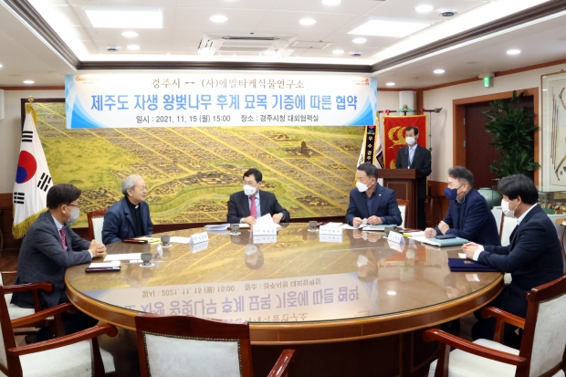 경주시-(사)에밀타케식물연구소 간 ‘제주도 자생 왕벚나무 묘목 기증에 따른 업무 협약식’에서 주낙영 경주시장을 비롯해 참석자들이 이야기를 나누고 있다
