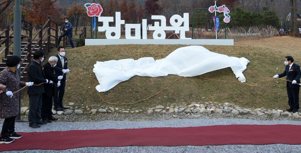 박남춘 인천광역시장이 지난 29일 연수구 장미공원에서 열린 '장미공원 준공식'에서 제막식을 하고 있다.