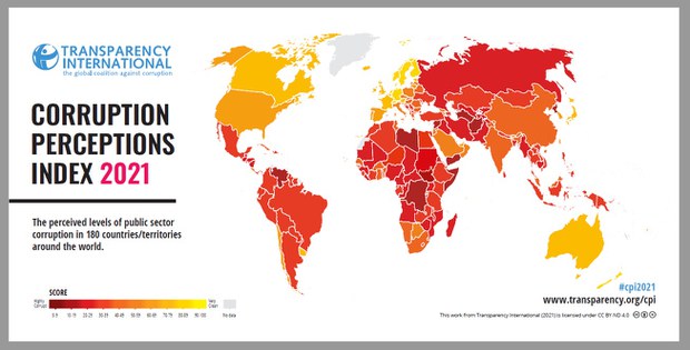 국제투명성기구(TI)가 25일 전 세계 180개국의 공공 부문 청렴도를 평가한 ‘2021 부패인식지수’(CPI)를 공개했다. 국제투명성기구