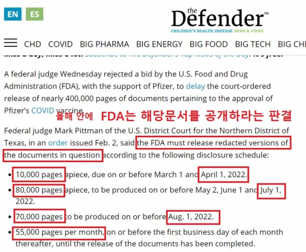 법원은 화이자가 2076년까지 백신 데이터를 비공개하겠다는 요구를 거부하고 올해 안에 공개하라고 판결. 항소도 기각. 결국 FDA는 화이자로 부터 모든 자료를 넘겨받아 순차적으로 올해안에 모두 공개해야 함.