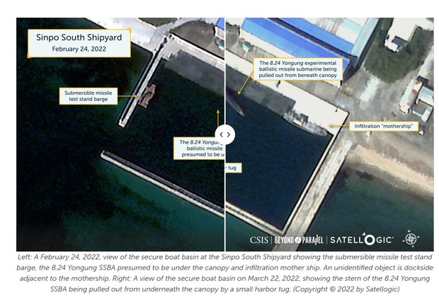 미국 민간연구기관 전략국제문제연구소(CSIS)가 운영하는 북한 전문 매체 ‘분단을 넘어’(Beyond Parallel)는 29일 북한의 신포급 잠수함인 ‘8·24 영웅함’이 정박된 함경남도 신포조선소 내 움직임을 분석한 결과를 공개했다. CSIS 사진