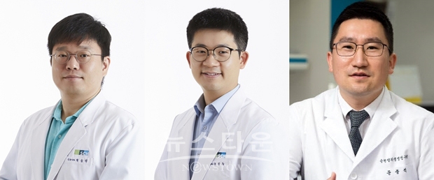 순천향대천안병원 교수들이 최근 알츠하이머치매 발달을 억제시킬 수 있는 물질을 특정해 학계가 주목하고 있다. 사진) 좌측부터 순천향대천안병원 박삼엘, 유익동 교수, 순천향의생명연구원(SIMS) 문종석 교수