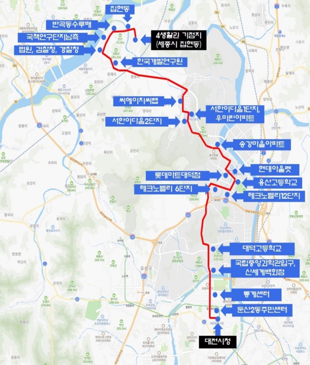 세종-대전간 광역버스 1001번 노선 및 정류장