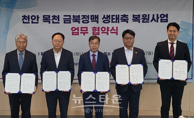 충청남도가 7월 18일 천안시청에서 안재수 도 기후환경국장과 김종률 환경부 자연보전국장, 신동헌 천안시부시장, 박건태 한국도로공사 본부장, 조도순 국립생태원장이 참석한 가운데 ‘천안 목천 생태축 복원 업무협약’을 체결했다.
