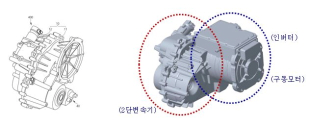 (왼쪽부터) 전기차용 2단 변속 시스템, 전기차용 일체형 구동모듈 디자인 특허.