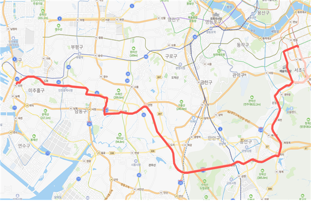 숭의역~강남역 직행좌석 9100번 노선도