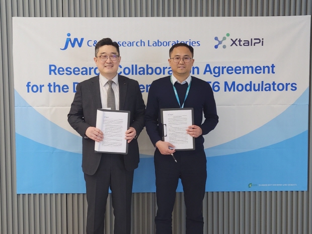 JW중외제약의 자회사인 C&C신약연구소는 지난 15일 인공지능(AI) 신약개발 기업 미국 크리스탈파이(XtalPi)와 저분자 화합물 치료제 개발을 위한 공동연구 협약을 체결했다. 크리스탈파이 상하이연구소에서 박찬희 C&C신약연구소 대표이사(왼쪽)와 페이유 장(Peiyu Zhang) 크리스탈파이 CSO가 기념촬영을 하고 있다