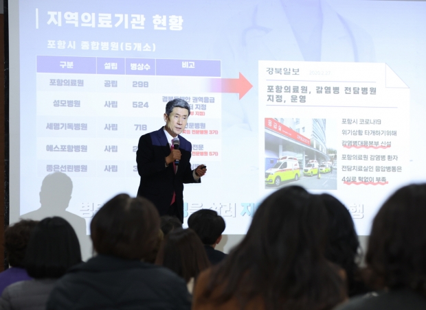 이강덕 포항시장이 지난 15일 포항의료원 대강당에서 ‘지역의료 혁신 방안’에 대해 설명하고 있다.