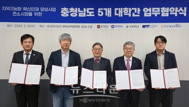 호서대학교가 백석대, 선문대, 순천향대, 한국기술교육대와 ‘지역지능화 혁신인재양성사업’유치를 위한 업무협약을 체결했다. 협약에 따라 5개 대학은 컨소시엄을 구성해 충남 지역산업 연계한 중소·중견기업의 지능화 혁신 생태계 조성 등을 협력하게 된다.