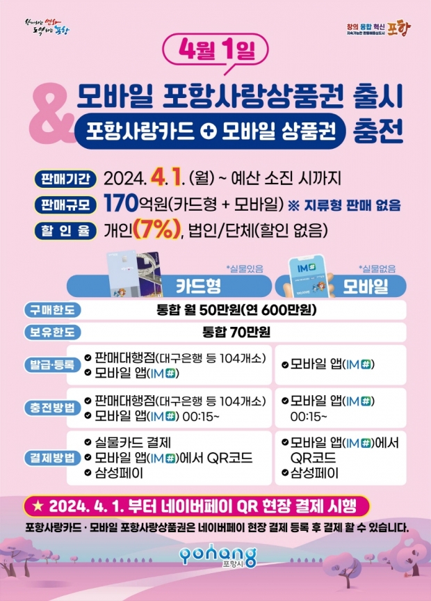 모바일 포항사랑상품권 출시 및 4월 충전 안내 홍보물.