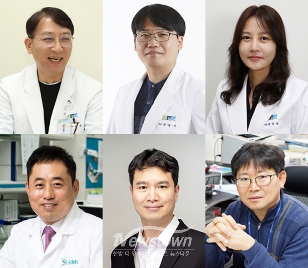 난소암 치료 발굴 및 신약 개발 연구팀. 사진) 좌측부터 순천향대천안병원 전섭 강동현 양은정 교수 (아래)SIMS 류성호 교수 순천향대 임정균 교수 단디큐어(주) 방정규 대표이사