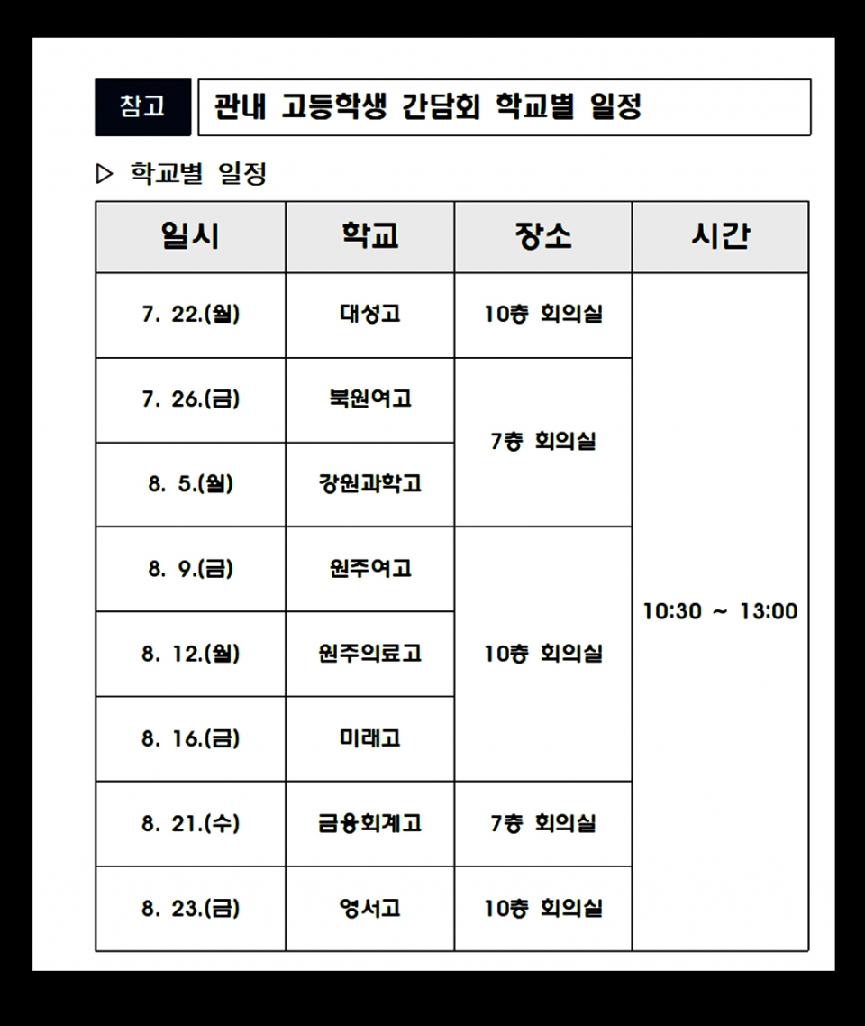 8개 고등학교 간담회일정표