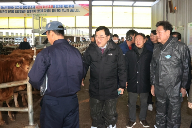 주낙영 경주시장이 20일 불국동 소재 경주가축시장을 찾아 한우 거래 현장을 둘러보고 축산농가 및 관계자들의 애로사항을 청취하고 있다.