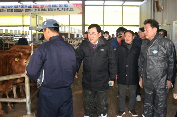 주낙영 경주시장이 지난 1월 20일 불국동 소재 경주가축시장을 찾아 한우 거래 현장을 둘러보고 축산농가 및 관계자들의 고충사항을 청취하고 있다.