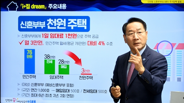 유정복 인천광역시장이 2024년 7월 9일 시청 브리핑룸에서 인천형 저출생 주거정책 'i+집 dream'을 발표하고 있다