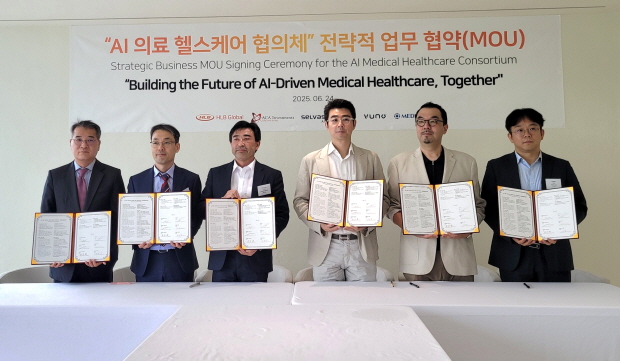 사진=‘AI 의료 헬스케어 협의체’ 출범을 위한 업무 협약식이 김광재 HLB글로벌 대표(사진 왼쪽부터), 김동민 제이엘케이 대표, ACA 아즈마 아키히로 회장, 곽민철 메디아나·셀바스AI 대표, 윤승현 셀바스AI 사장, 이예하 뷰노 대표가 참석한 가운데 거행됐다. HLB글로벌 제공