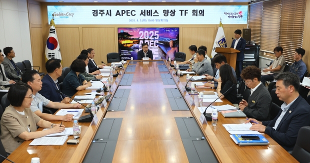 송호준 경주시 부시장이 5일 시청 영상회의실에서 ‘APEC 서비스향상TF 회의’를 주재하고 있다.