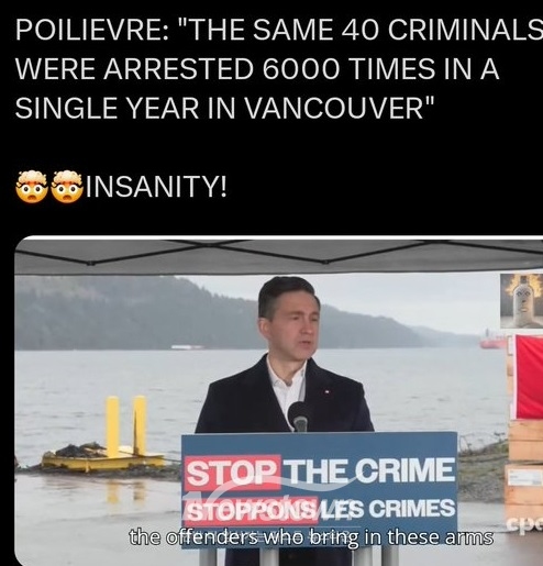 캐나다 연방 보수당 지도자 **피에르 포이리에(Pierre Poilievre)**가 경찰·치안 강화를 주장하며 한 발언을 인용한 게시물이다.구체적으로는, 그는 “밴쿠버에서 동일한 40명의 범죄자가 1년 동안 6,000번 체포되었