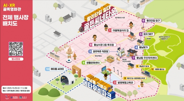 AI·XR 골목영화관 행사장 배치도. 황리단길 일대와 황남동 고분군 ‘메타무비파크’ 등 10곳의 상영 위치를 표시한 안내도.